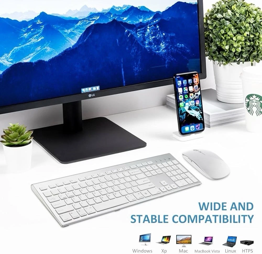 Wireless Keyboard and Mouse Silver White Full Size 2.4G USB portables