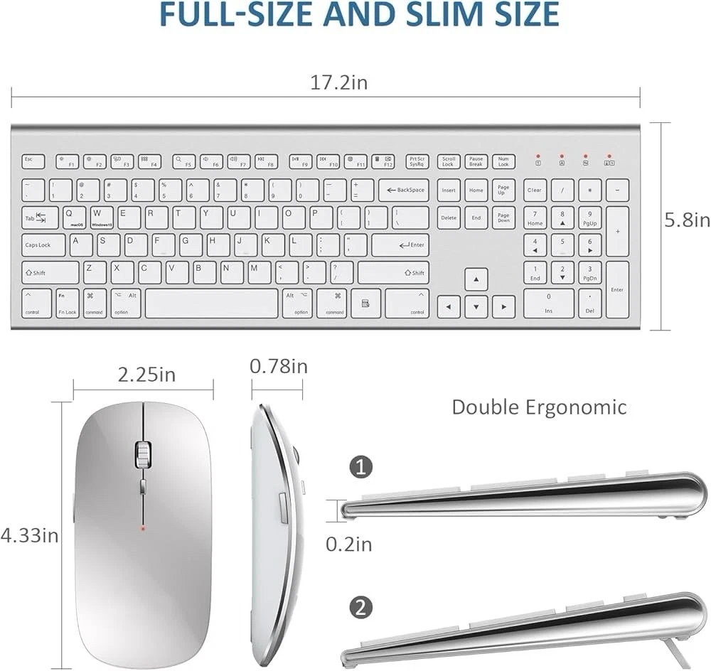 Wireless Keyboard and Mouse Silver White Full Size 2.4G USB portables