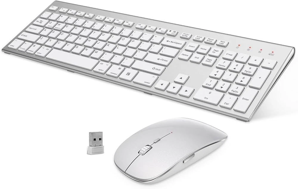 Wireless Keyboard and Mouse Silver White Full Size 2.4G USB portables